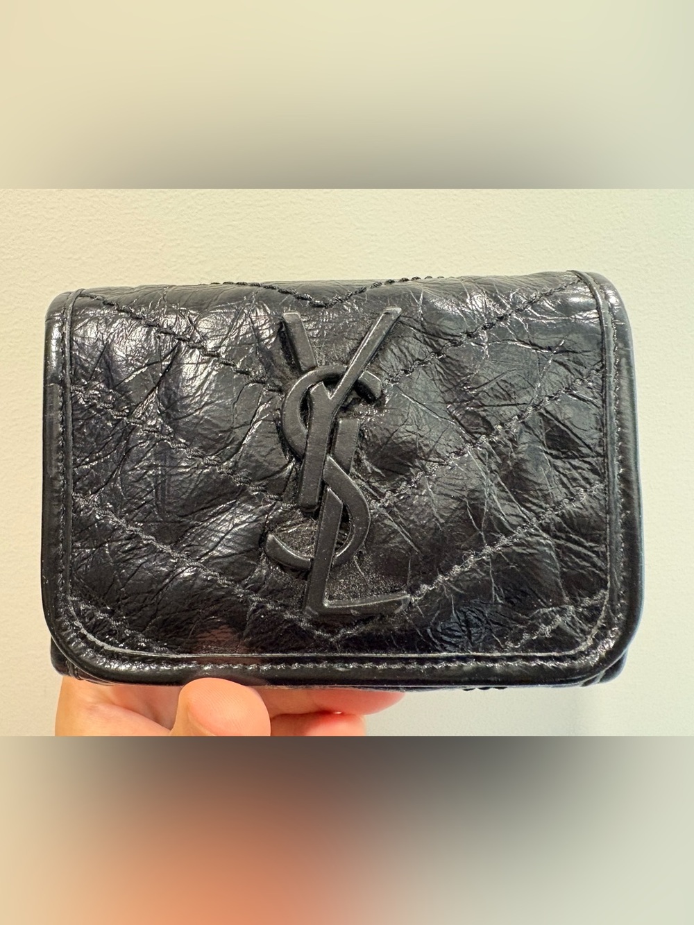 Saint Laurent Black Crinkled  Vintage Leather YSL Logo Wallet